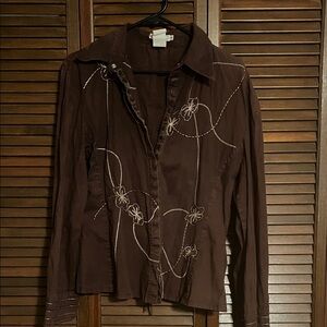 Chic Brown Embroidered Button Down Shirt